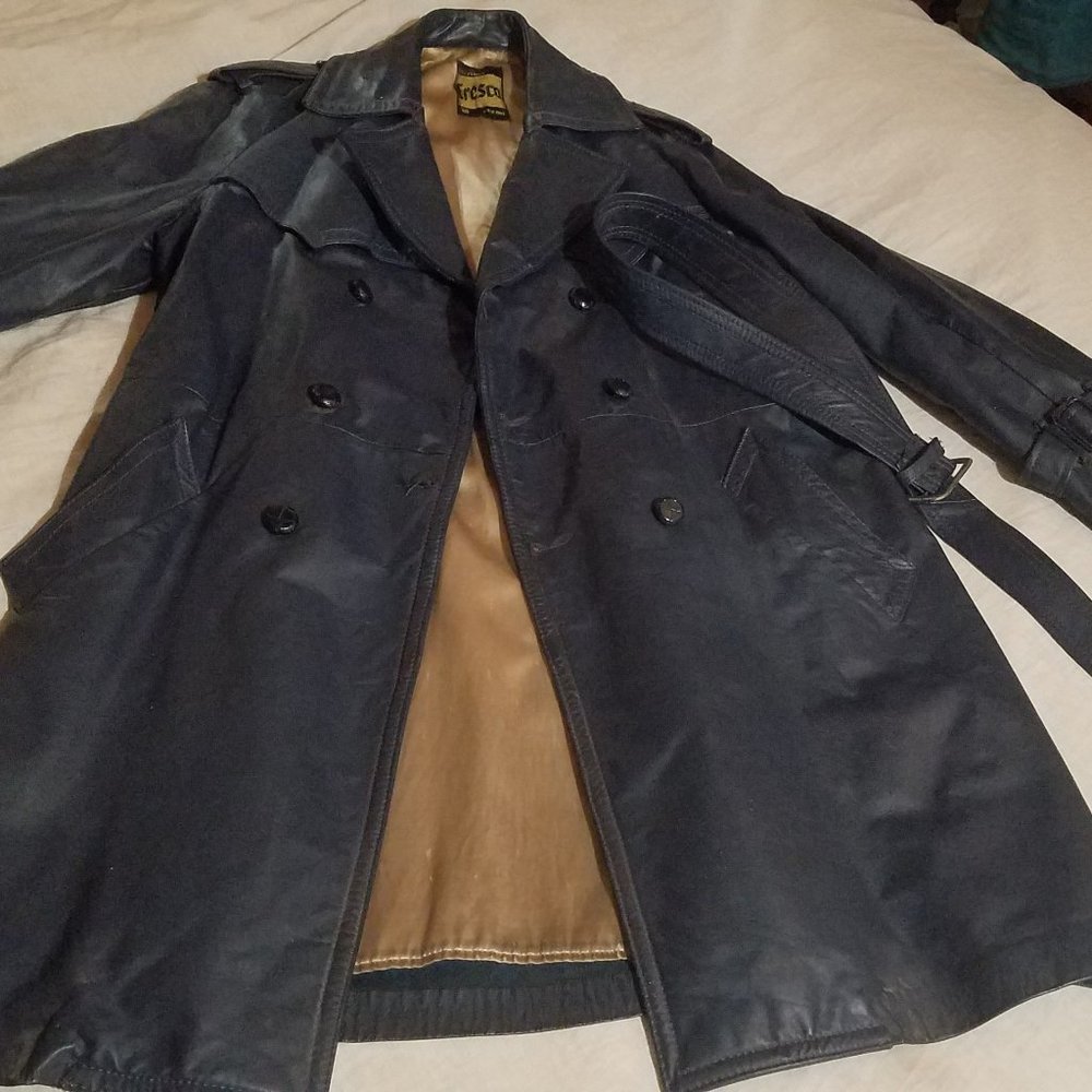 Vintage Cresco navy blue genuine leather mid thigh trenchcoat